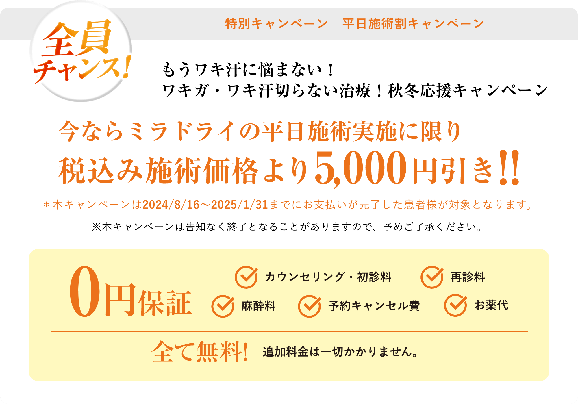 特別キャンペーン平日施術割キャンペーン、もうワキ汗に悩まない！ワキガ・ワキ汗切らない治療！秋冬応援キャンペーン、今ならミラドライの平日施術実施に限り税込み施術価格より5,000円引き!!本キャンペーンは2025/8/16$301C2025/1/31までにお支払いが完了した患者様が対象となります。