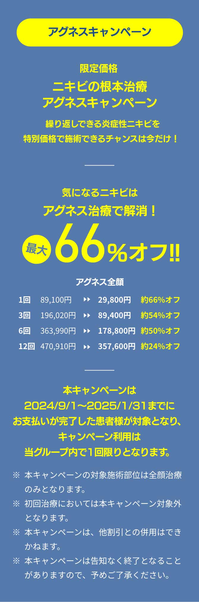 限定価格ニキビの根本治療アグネスキャンペーン最大約66%オフ！！